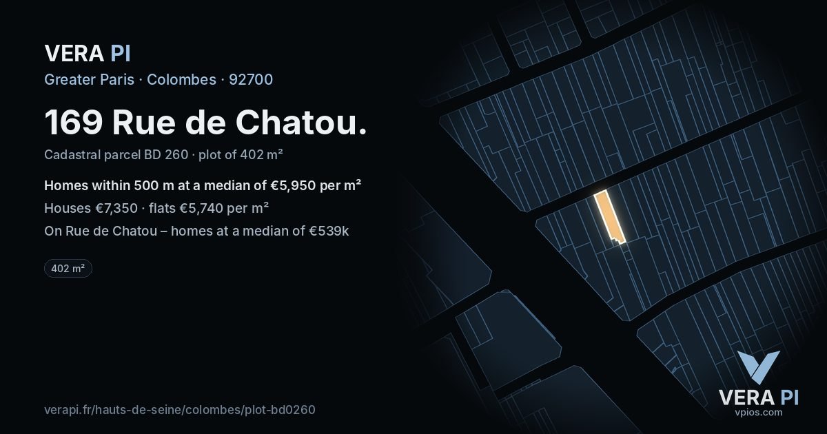 169 Rue de Chatou, Colombes at night – the plot lit, the parcels around coloured by the prices near them