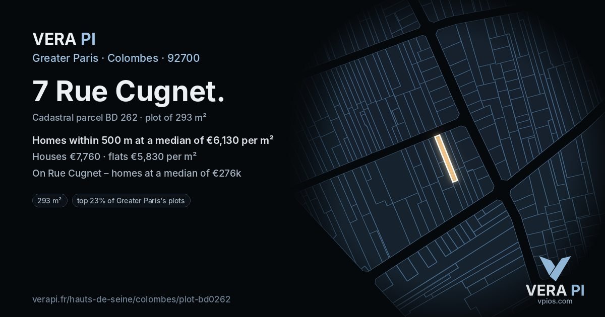 7 Rue Cugnet, Colombes at night – the plot lit, the parcels around coloured by the prices near them