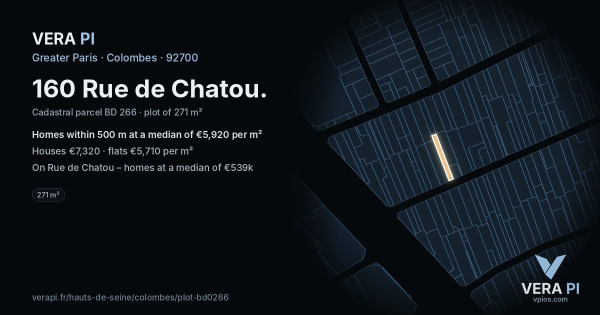 160 Rue de Chatou, Colombes at night – the plot lit, the parcels around coloured by the prices near them