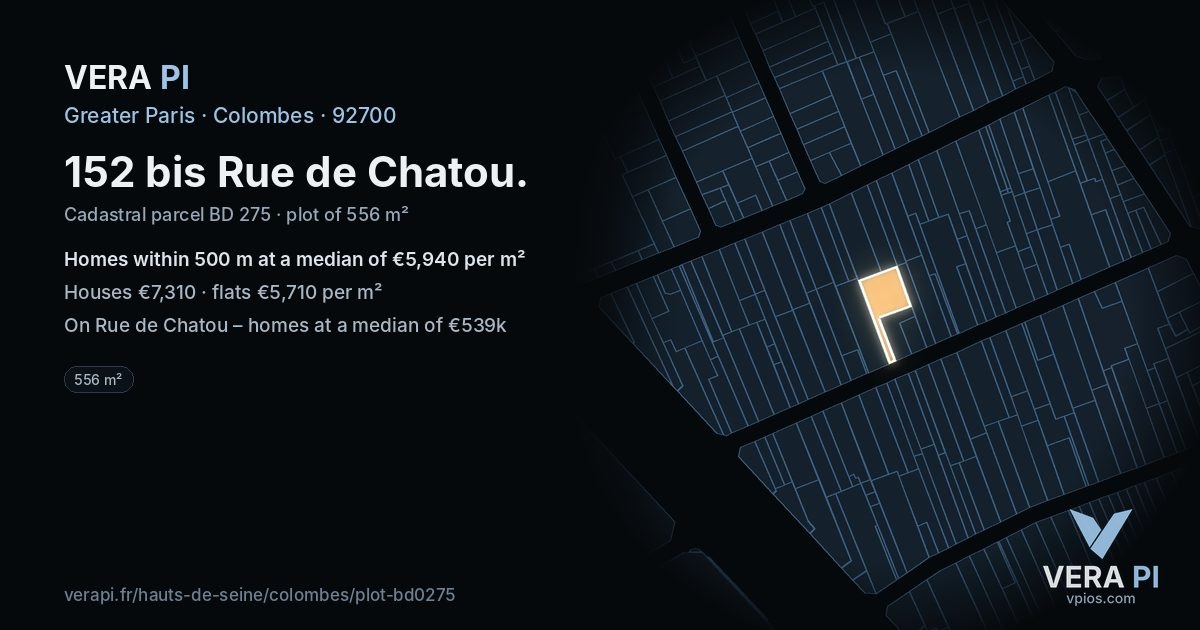152 bis Rue de Chatou, Colombes at night – the plot lit, the parcels around coloured by the prices near them