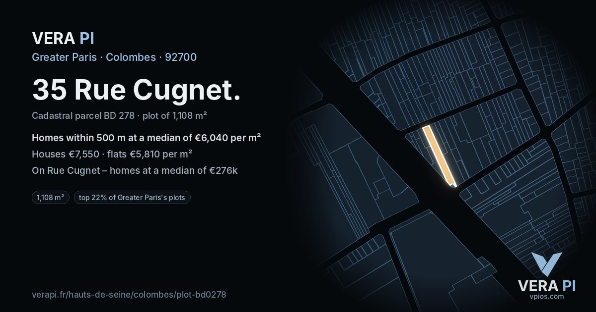 35 Rue Cugnet, Colombes at night – the plot lit, the parcels around coloured by the prices near them