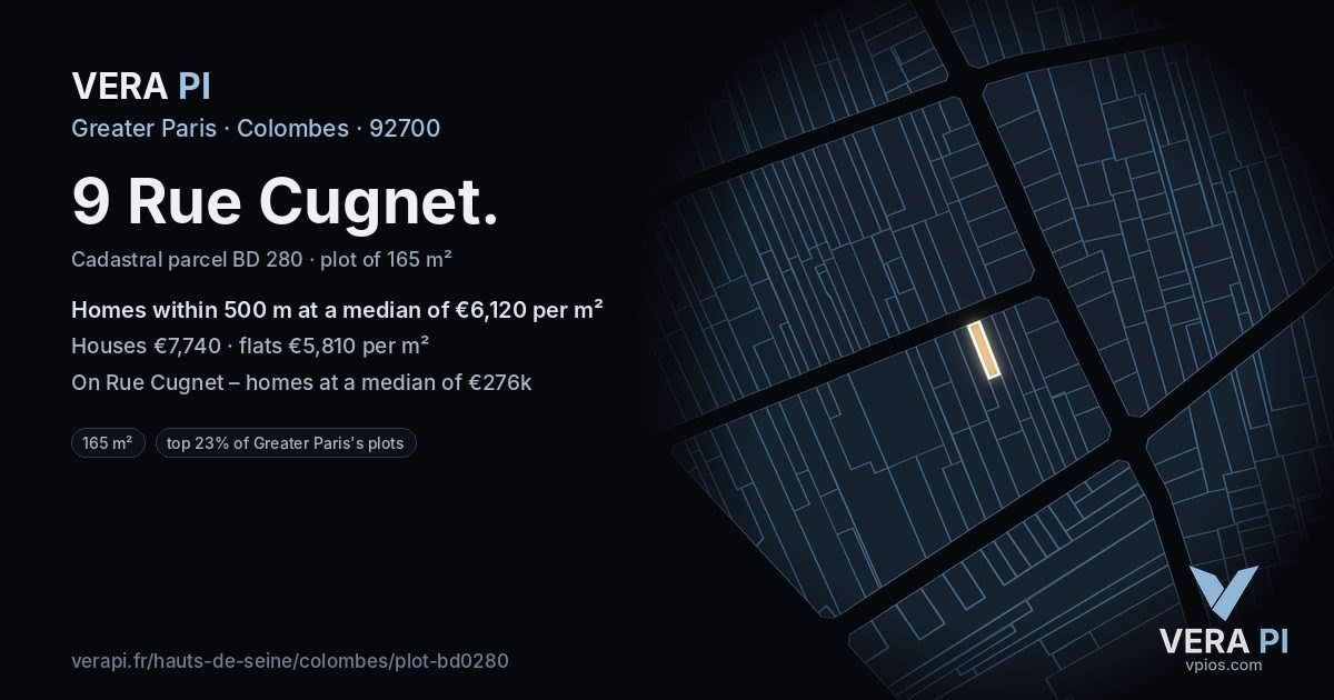 9 Rue Cugnet, Colombes at night – the plot lit, the parcels around coloured by the prices near them
