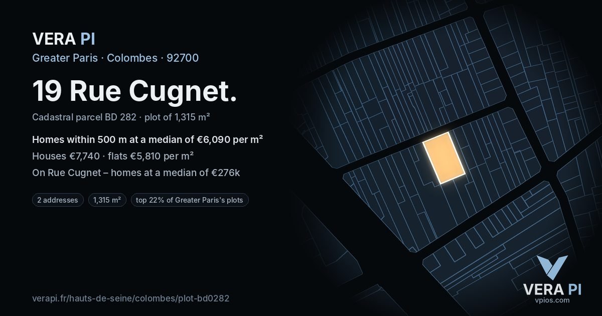 19 Rue Cugnet, Colombes at night – the plot lit, the parcels around coloured by the prices near them