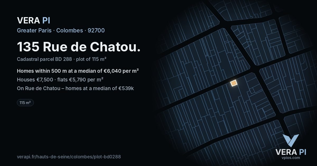 135 Rue de Chatou, Colombes at night – the plot lit, the parcels around coloured by the prices near them