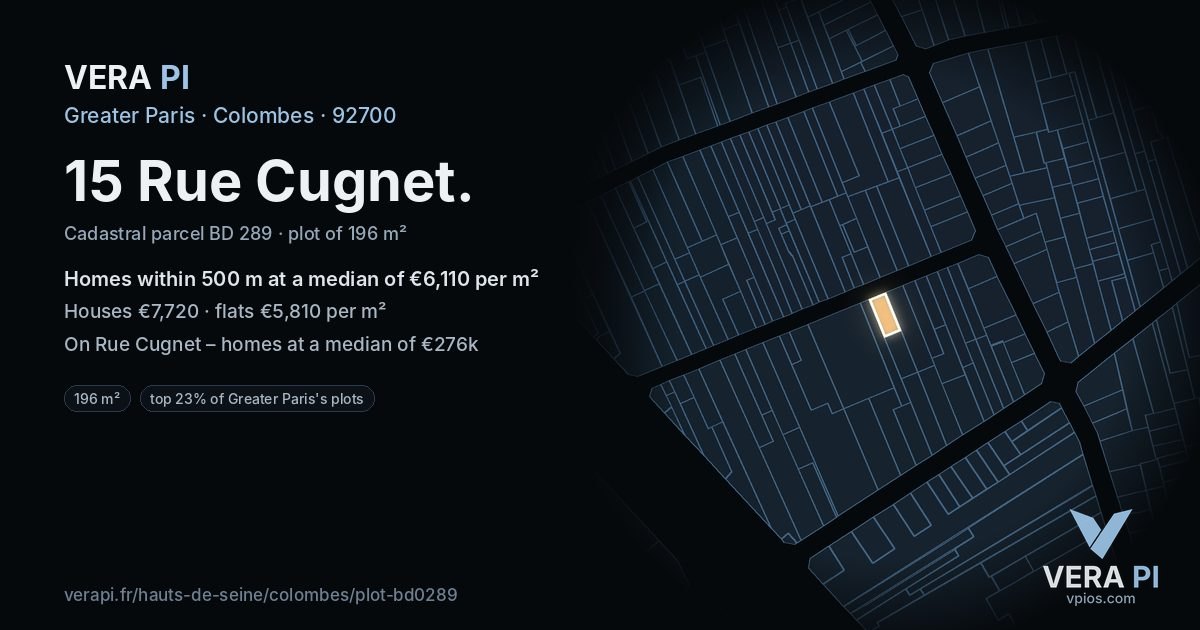 15 Rue Cugnet, Colombes at night – the plot lit, the parcels around coloured by the prices near them