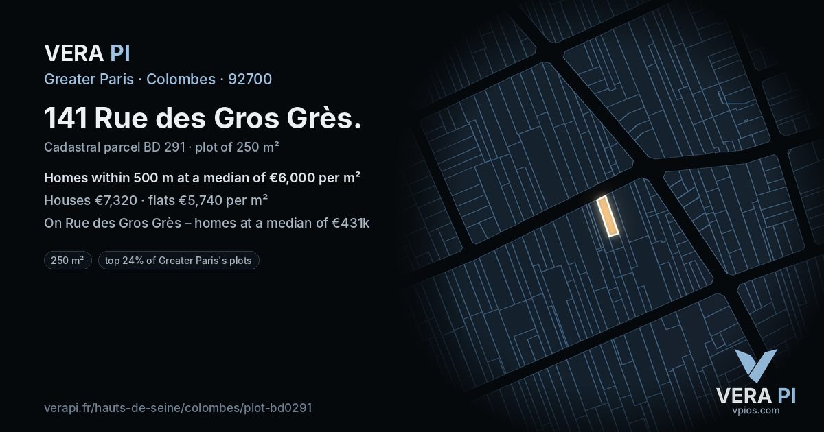 141 Rue des Gros Grès, Colombes at night – the plot lit, the parcels around coloured by the prices near them