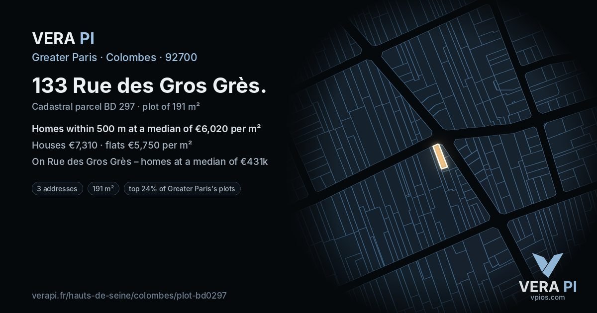133 Rue des Gros Grès, Colombes at night – the plot lit, the parcels around coloured by the prices near them