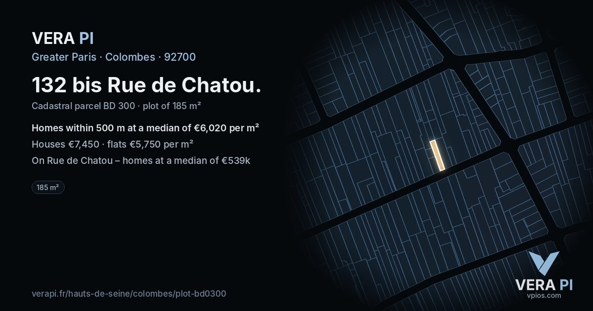 132 bis Rue de Chatou, Colombes at night – the plot lit, the parcels around coloured by the prices near them