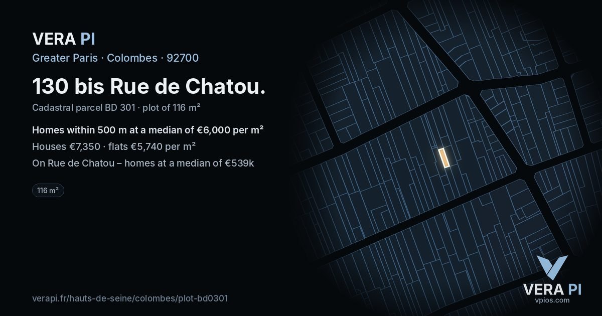 130 bis Rue de Chatou, Colombes at night – the plot lit, the parcels around coloured by the prices near them