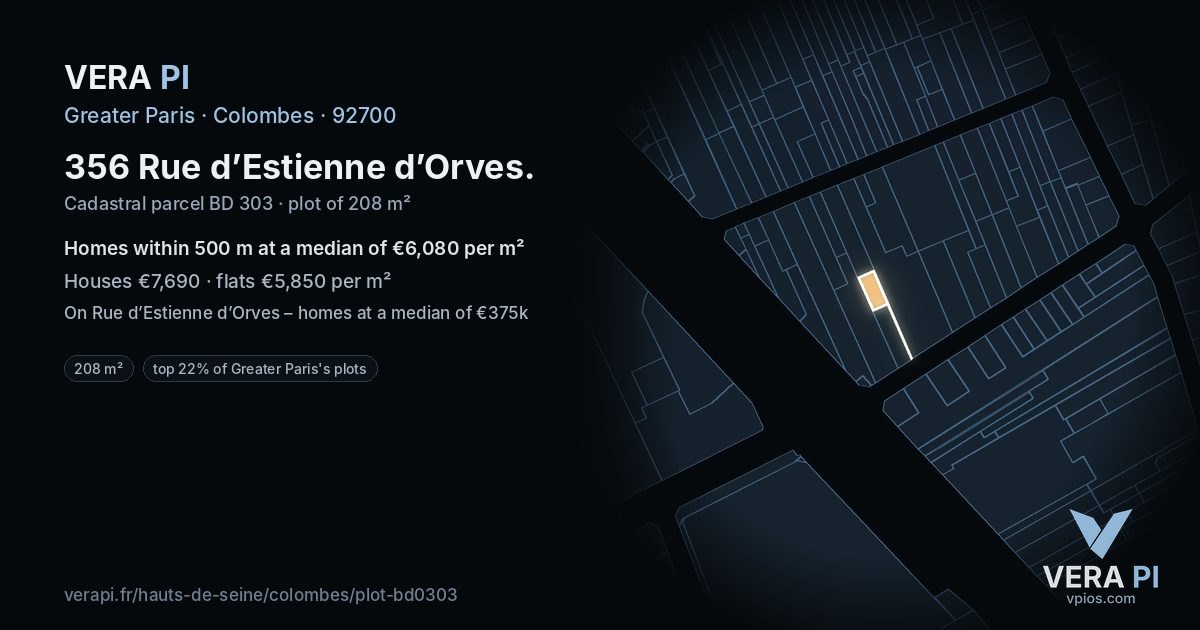 356 Rue d’Estienne d’Orves, Colombes at night – the plot lit, the parcels around coloured by the prices near them