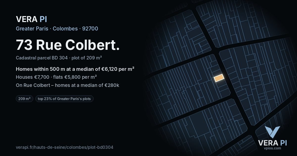 73 Rue Colbert, Colombes at night – the plot lit, the parcels around coloured by the prices near them