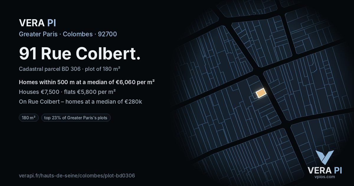 91 Rue Colbert, Colombes at night – the plot lit, the parcels around coloured by the prices near them