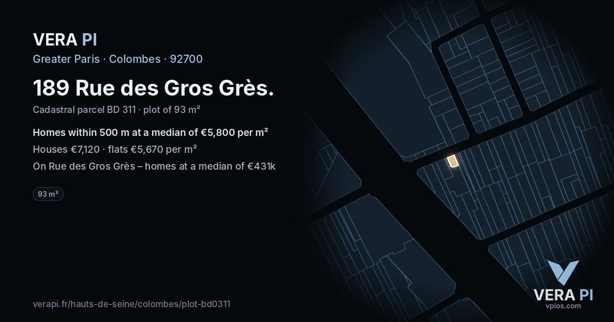 189 Rue des Gros Grès, Colombes at night – the plot lit, the parcels around coloured by the prices near them