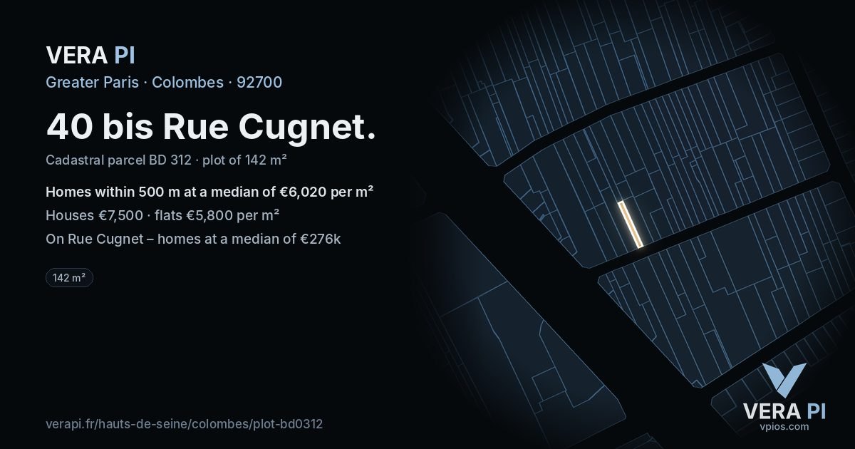 40 bis Rue Cugnet, Colombes at night – the plot lit, the parcels around coloured by the prices near them