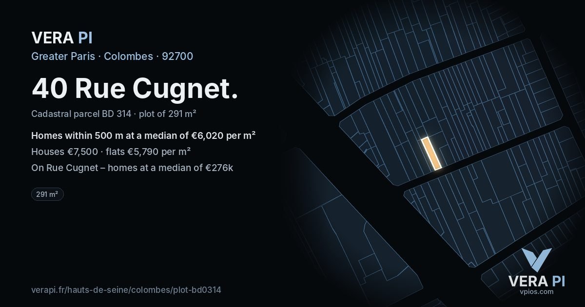 40 Rue Cugnet, Colombes at night – the plot lit, the parcels around coloured by the prices near them