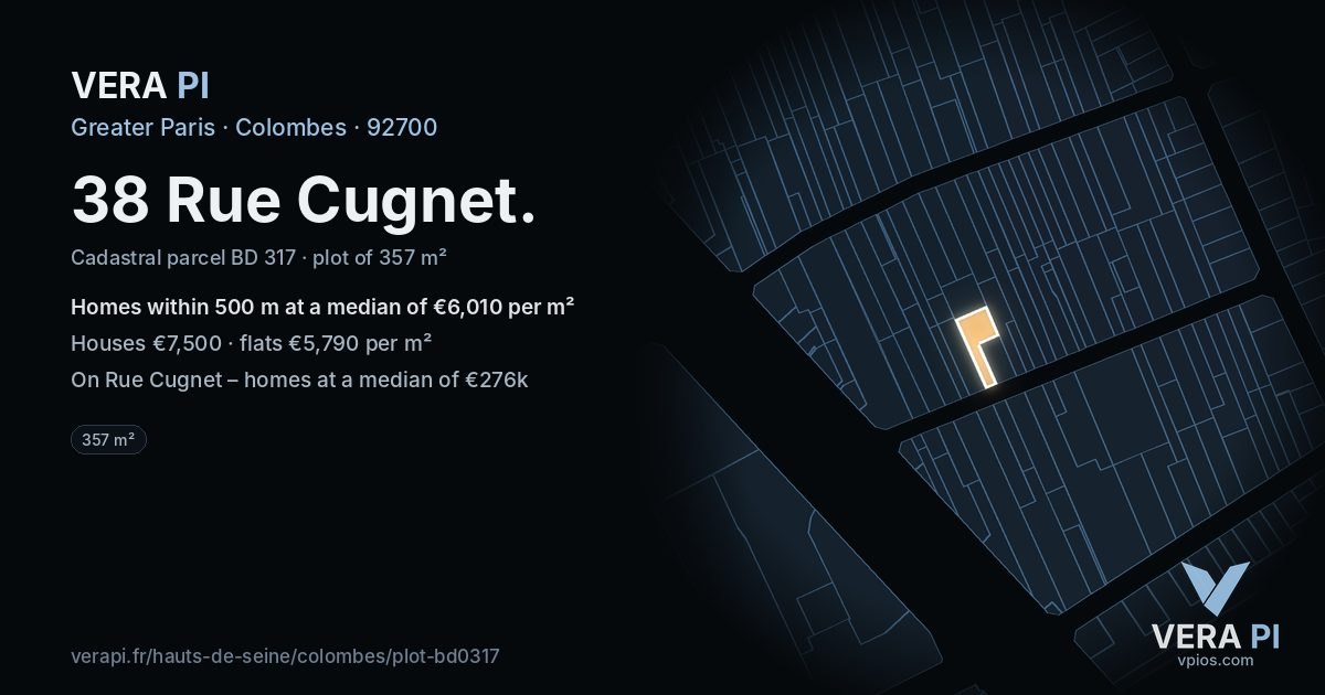 38 Rue Cugnet, Colombes at night – the plot lit, the parcels around coloured by the prices near them