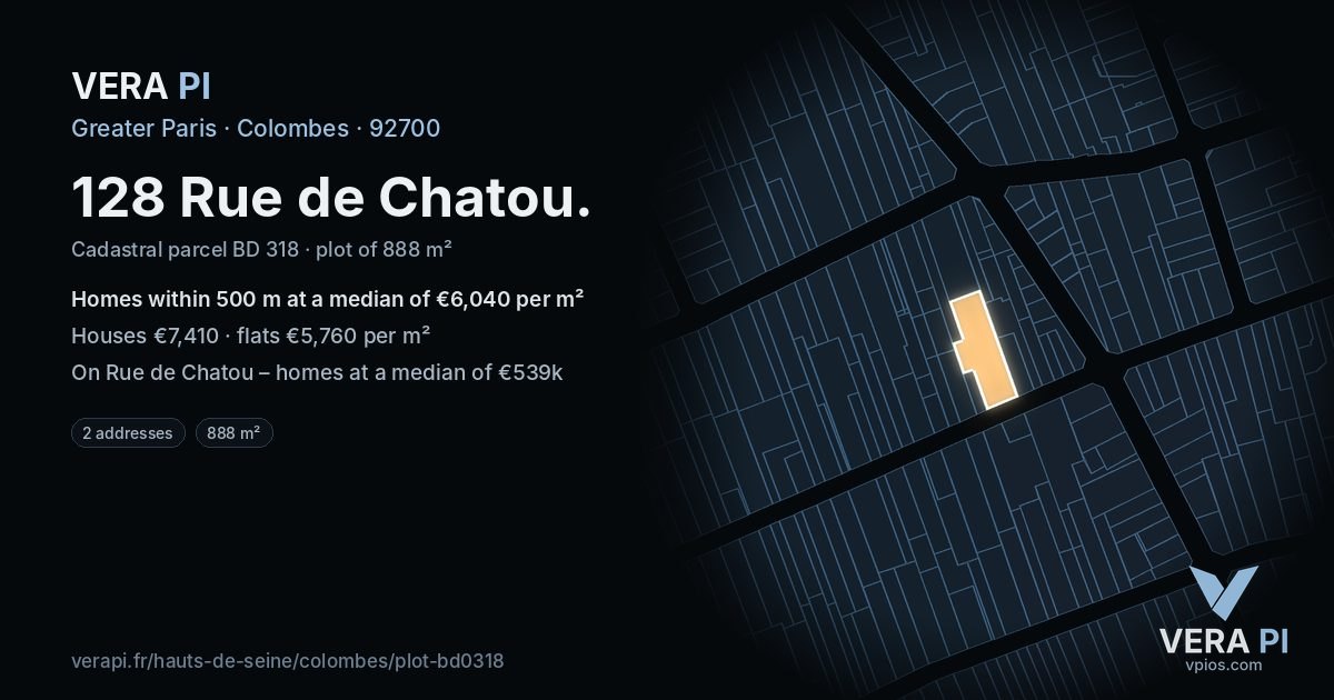 128 Rue de Chatou, Colombes at night – the plot lit, the parcels around coloured by the prices near them
