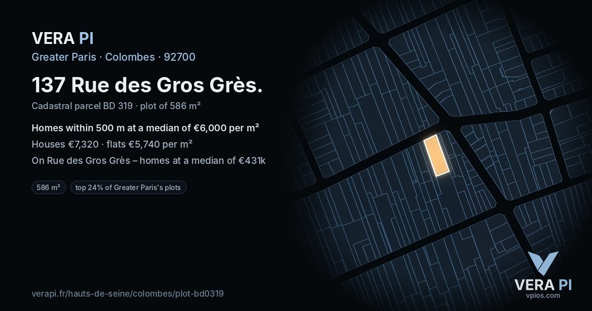 137 Rue des Gros Grès, Colombes at night – the plot lit, the parcels around coloured by the prices near them
