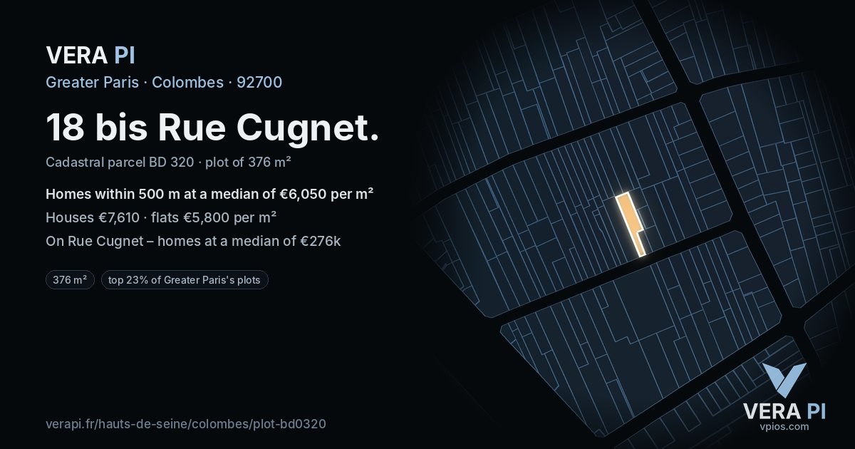 18 bis Rue Cugnet, Colombes at night – the plot lit, the parcels around coloured by the prices near them