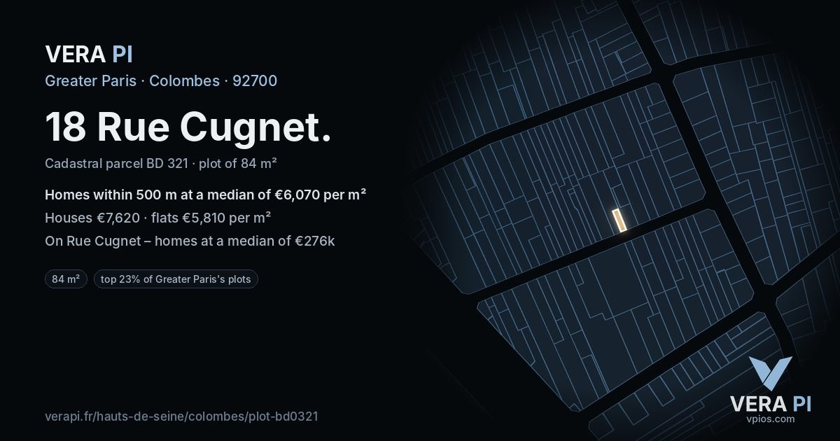 18 Rue Cugnet, Colombes at night – the plot lit, the parcels around coloured by the prices near them