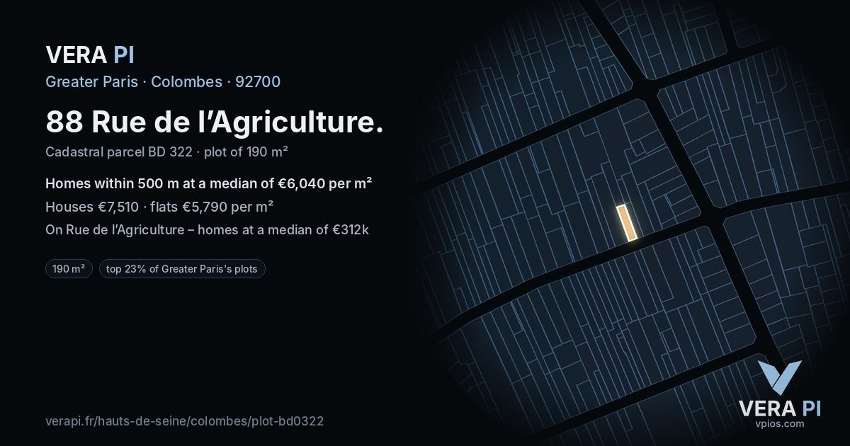 88 Rue de l’Agriculture, Colombes at night – the plot lit, the parcels around coloured by the prices near them
