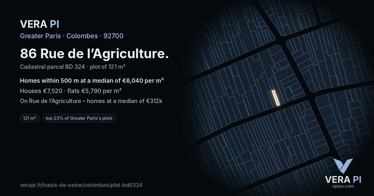86 Rue de l’Agriculture, Colombes at night – the plot lit, the parcels around coloured by the prices near them