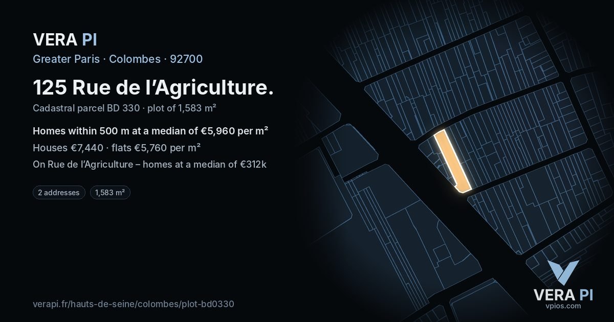 125 Rue de l’Agriculture, Colombes at night – the plot lit, the parcels around coloured by the prices near them