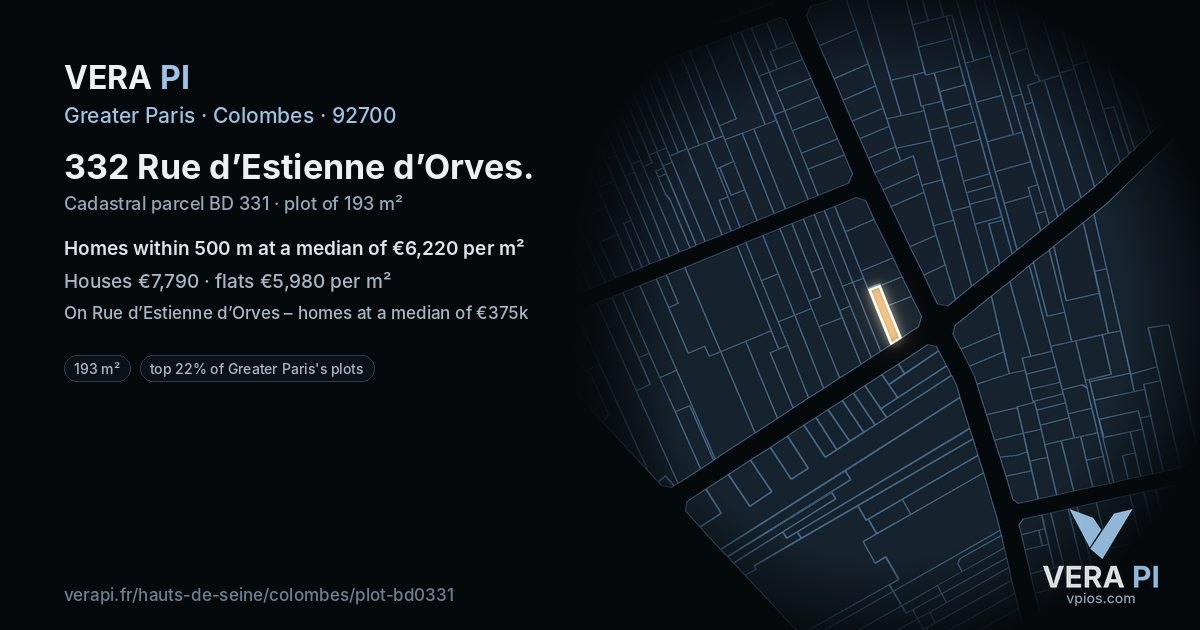 332 Rue d’Estienne d’Orves, Colombes at night – the plot lit, the parcels around coloured by the prices near them