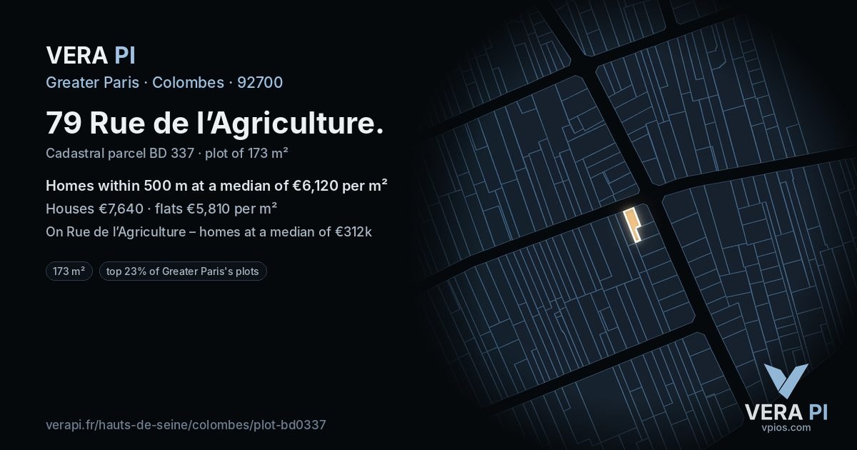 79 Rue de l’Agriculture, Colombes at night – the plot lit, the parcels around coloured by the prices near them