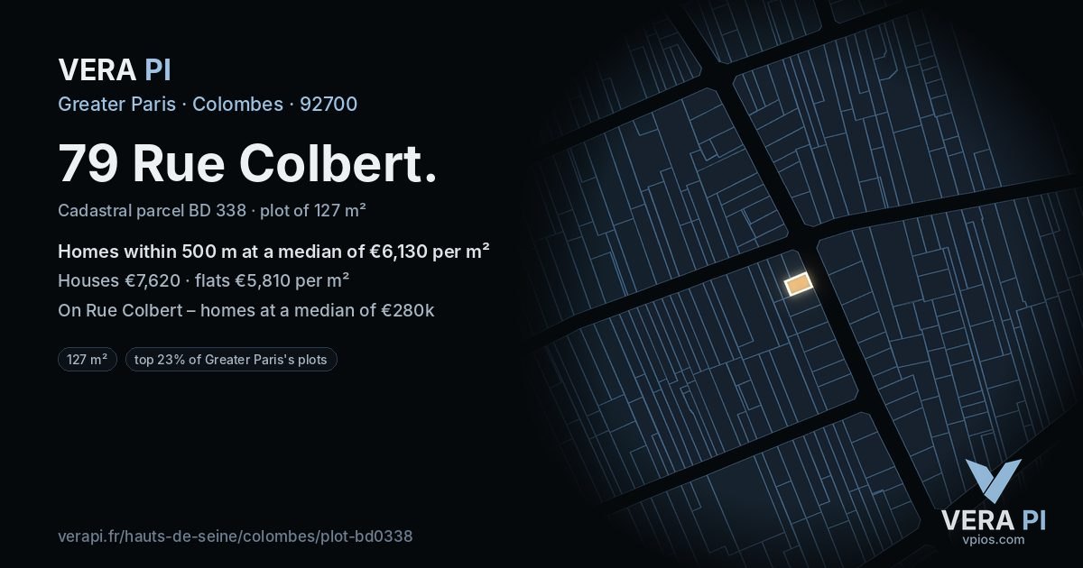 79 Rue Colbert, Colombes at night – the plot lit, the parcels around coloured by the prices near them
