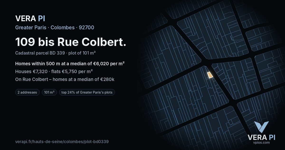 109 bis Rue Colbert, Colombes at night – the plot lit, the parcels around coloured by the prices near them