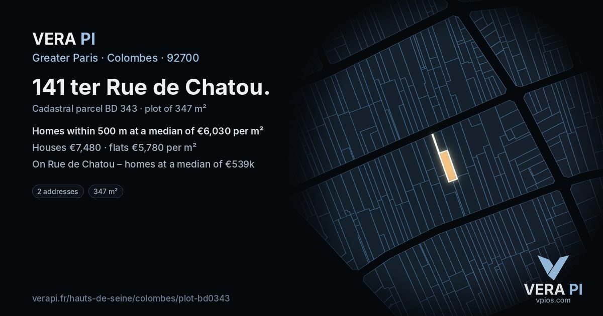 141 ter Rue de Chatou, Colombes at night – the plot lit, the parcels around coloured by the prices near them