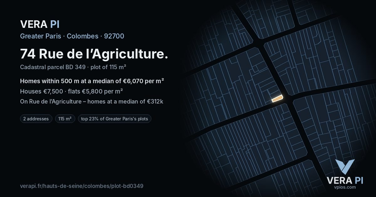 74 Rue de l’Agriculture, Colombes at night – the plot lit, the parcels around coloured by the prices near them