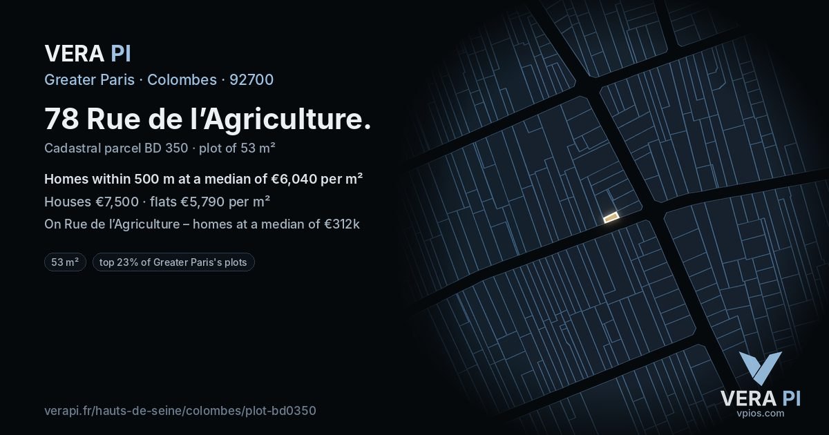 78 Rue de l’Agriculture, Colombes at night – the plot lit, the parcels around coloured by the prices near them