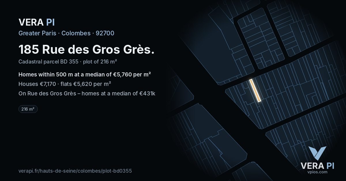 185 Rue des Gros Grès, Colombes at night – the plot lit, the parcels around coloured by the prices near them
