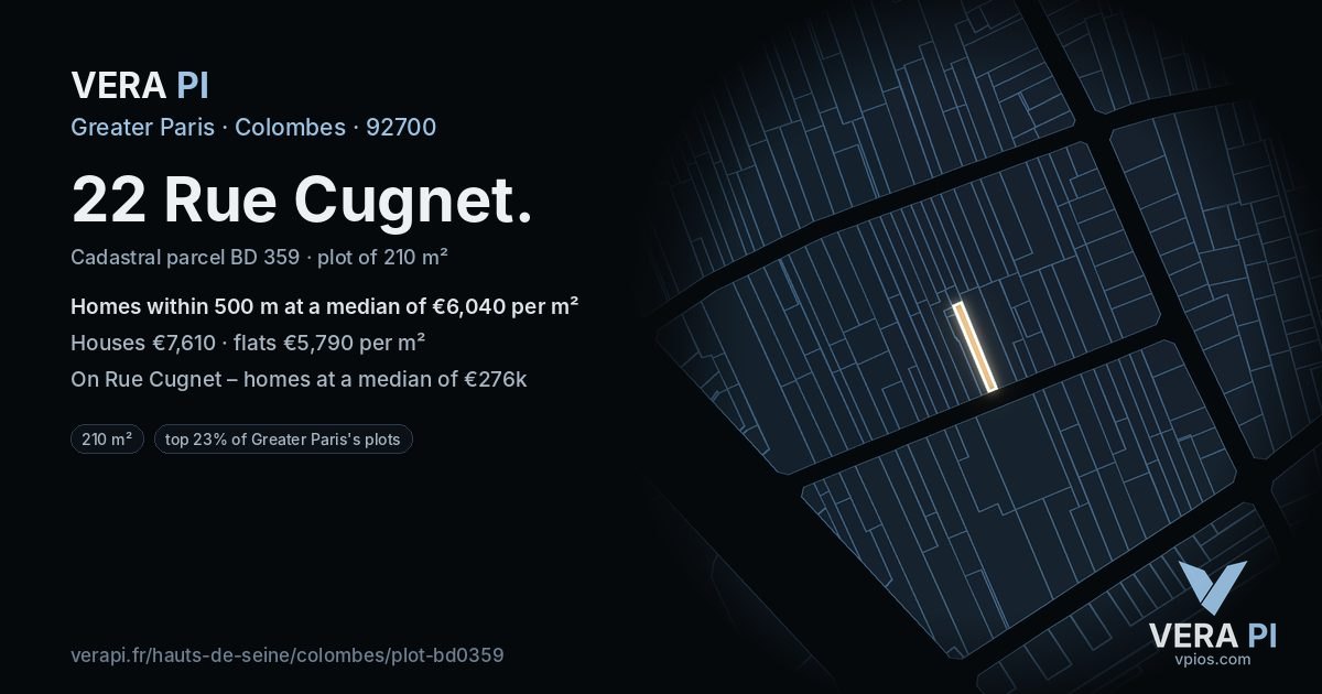 22 Rue Cugnet, Colombes at night – the plot lit, the parcels around coloured by the prices near them
