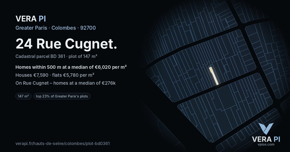 24 Rue Cugnet, Colombes at night – the plot lit, the parcels around coloured by the prices near them