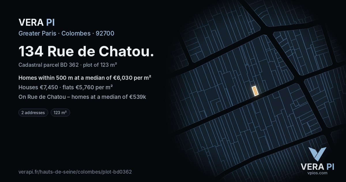 134 Rue de Chatou, Colombes at night – the plot lit, the parcels around coloured by the prices near them