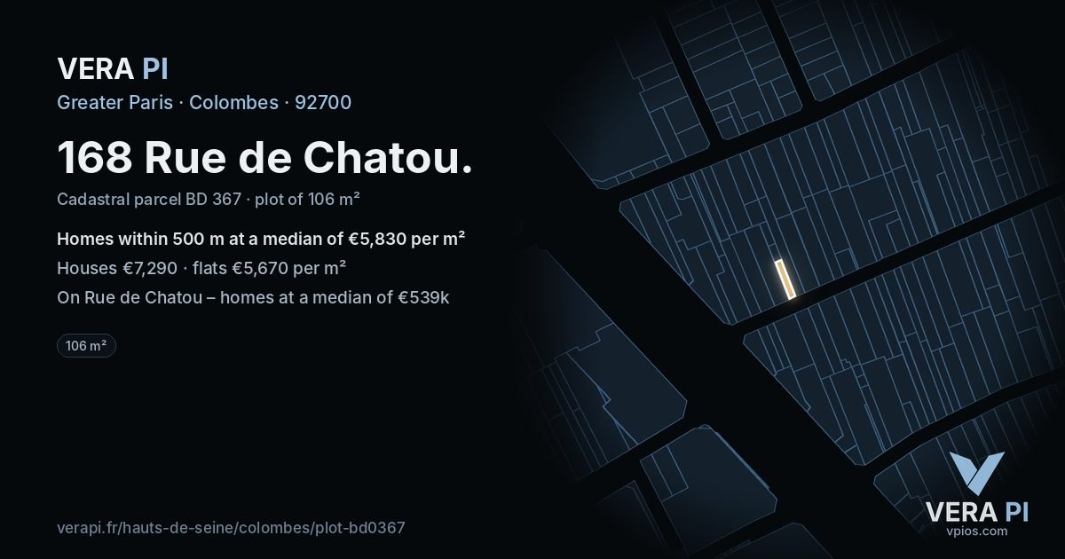 168 Rue de Chatou, Colombes at night – the plot lit, the parcels around coloured by the prices near them
