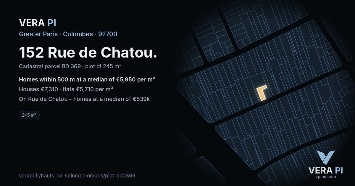 152 Rue de Chatou, Colombes at night – the plot lit, the parcels around coloured by the prices near them