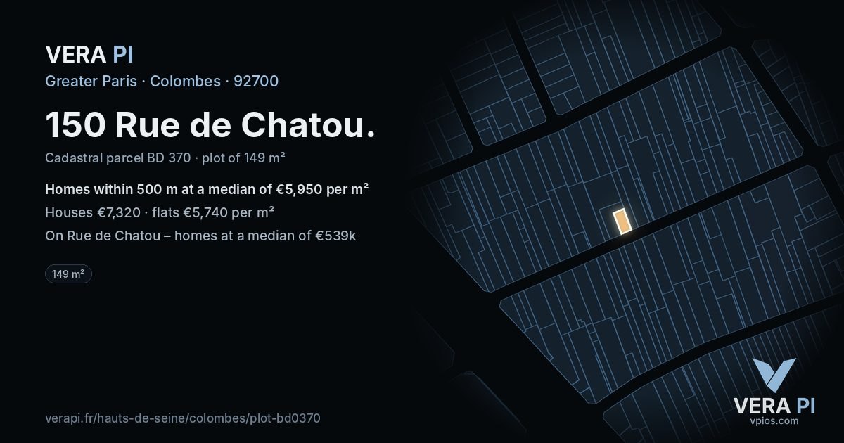 150 Rue de Chatou, Colombes at night – the plot lit, the parcels around coloured by the prices near them
