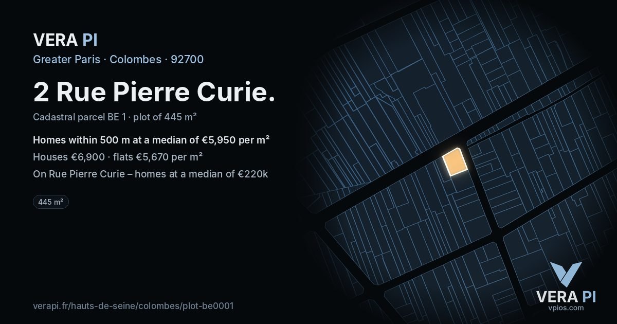 2 Rue Pierre Curie, Colombes at night – the plot lit, the parcels around coloured by the prices near them