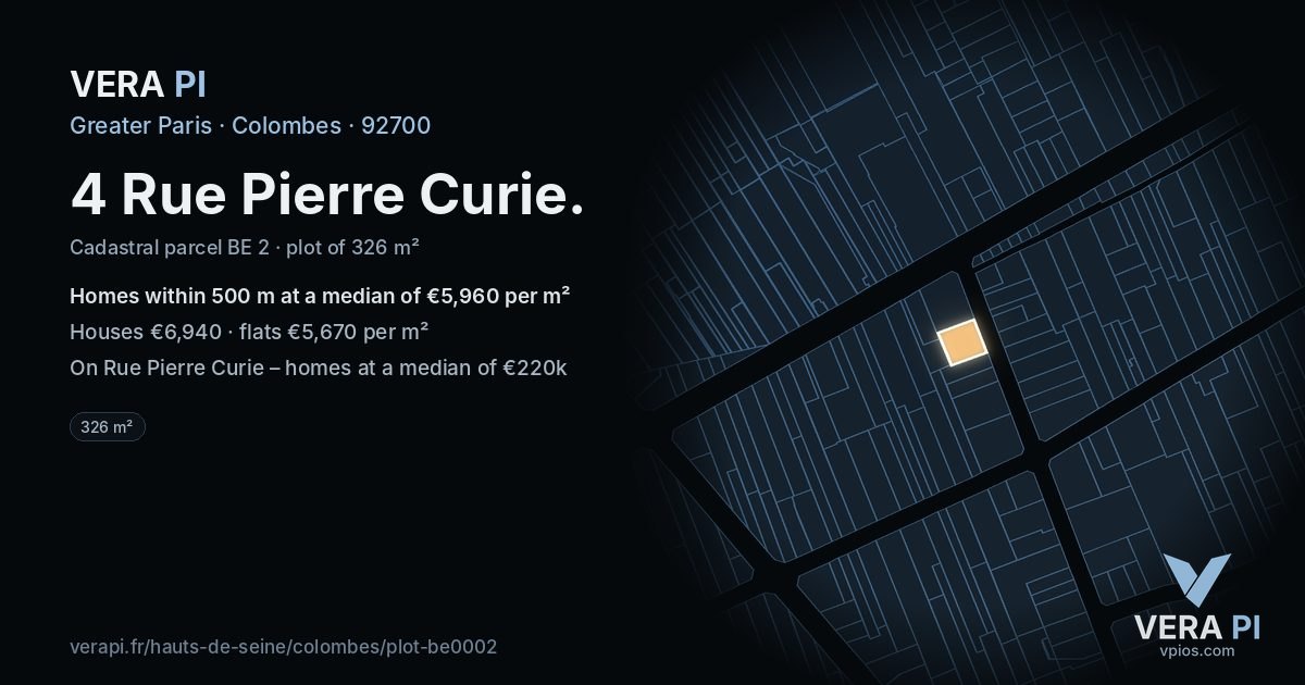 4 Rue Pierre Curie, Colombes at night – the plot lit, the parcels around coloured by the prices near them