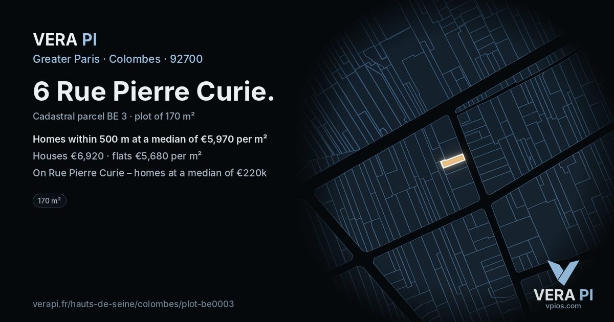 6 Rue Pierre Curie, Colombes at night – the plot lit, the parcels around coloured by the prices near them