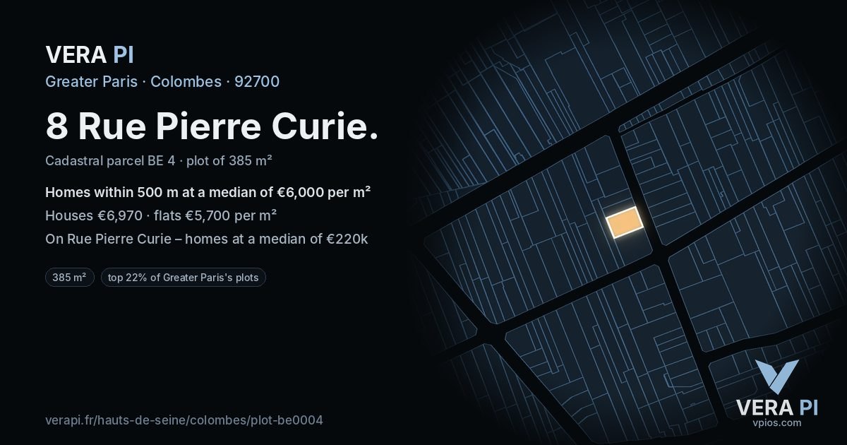 8 Rue Pierre Curie, Colombes at night – the plot lit, the parcels around coloured by the prices near them