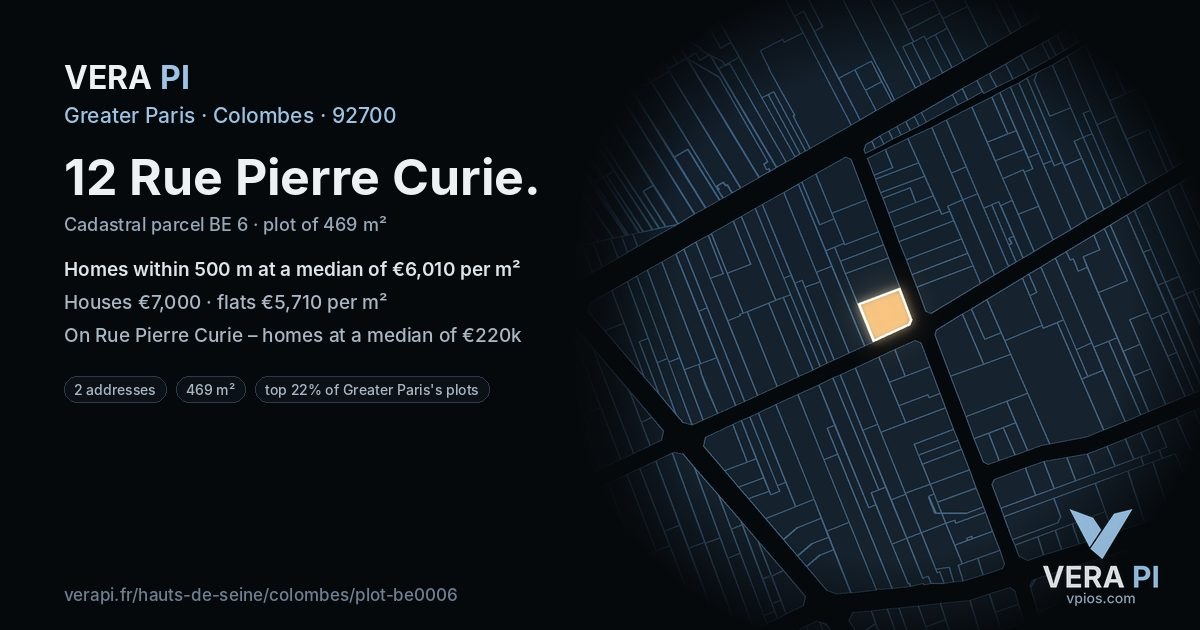 12 Rue Pierre Curie, Colombes at night – the plot lit, the parcels around coloured by the prices near them