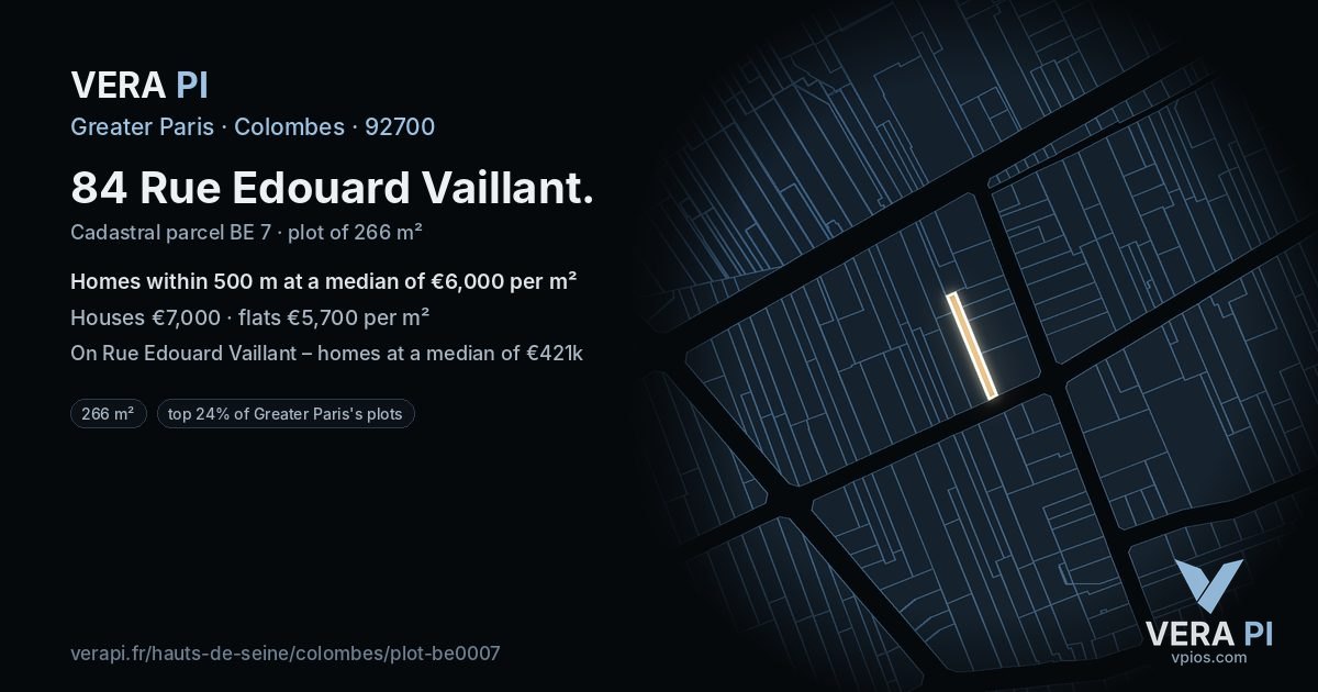 84 Rue Edouard Vaillant, Colombes at night – the plot lit, the parcels around coloured by the prices near them