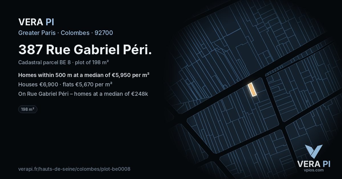 387 Rue Gabriel Péri, Colombes at night – the plot lit, the parcels around coloured by the prices near them