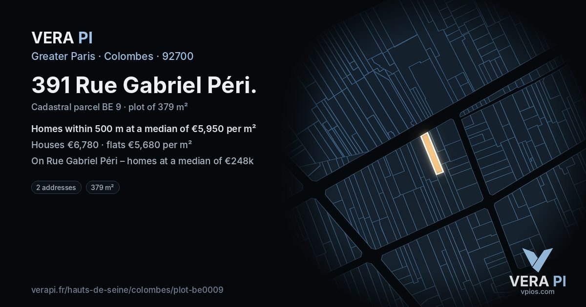 391 Rue Gabriel Péri, Colombes at night – the plot lit, the parcels around coloured by the prices near them