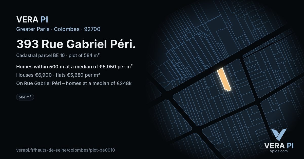 393 Rue Gabriel Péri, Colombes at night – the plot lit, the parcels around coloured by the prices near them